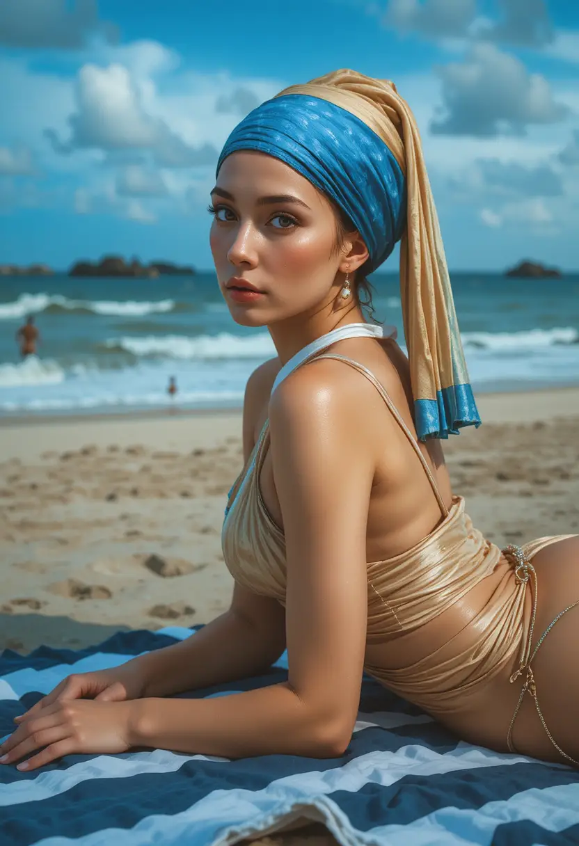 Woman in beige monokini resting on a beach towel