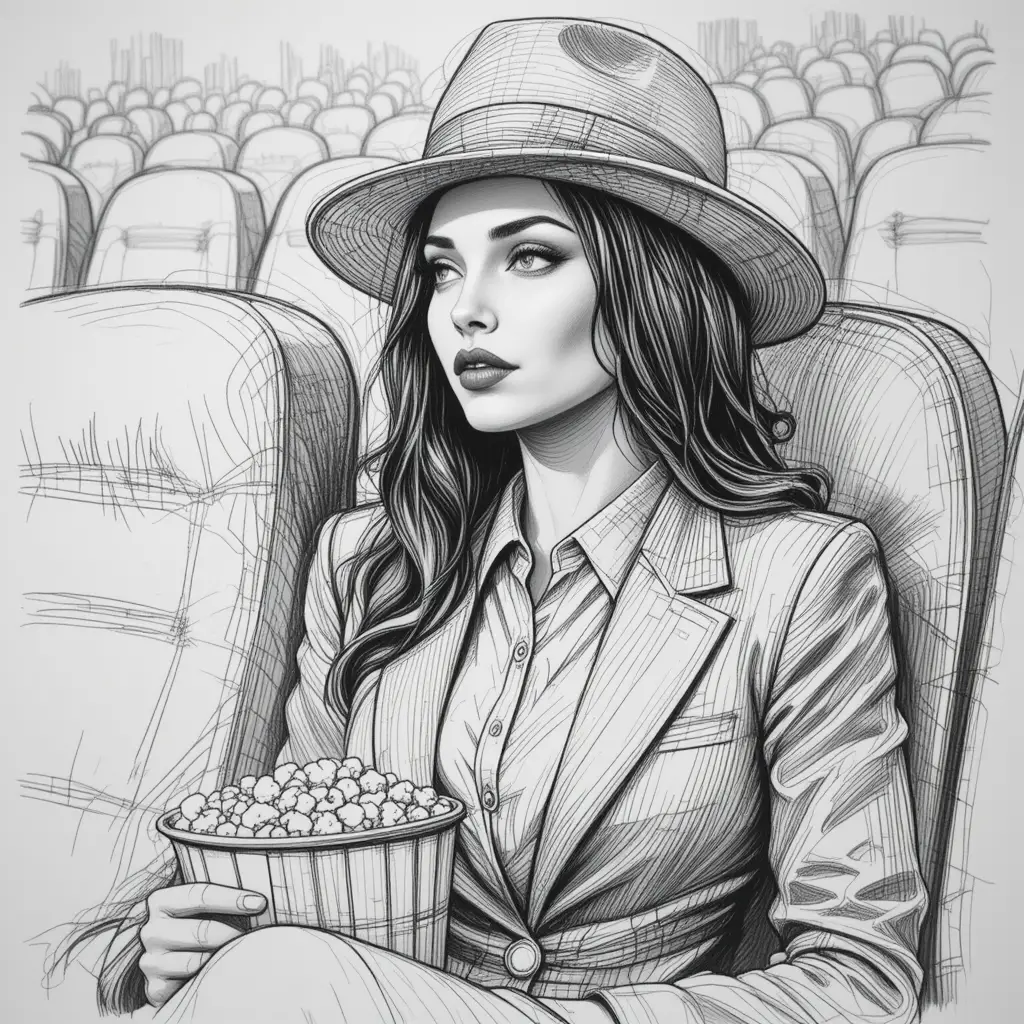 Thoughtful woman in suit with popcorn in theater sketch