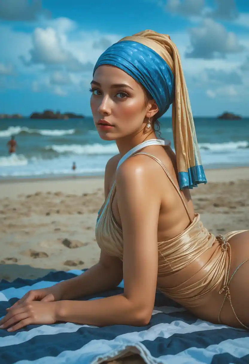 Frau im beigefarbenen Monokini, die auf einem Strandtuch entspannt
