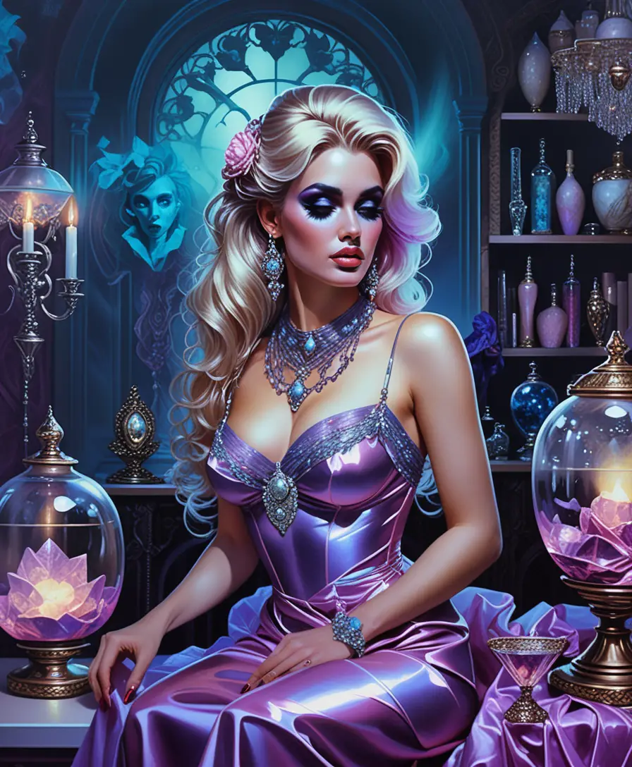 Glamorous blonde woman in an ornate crystal filled room