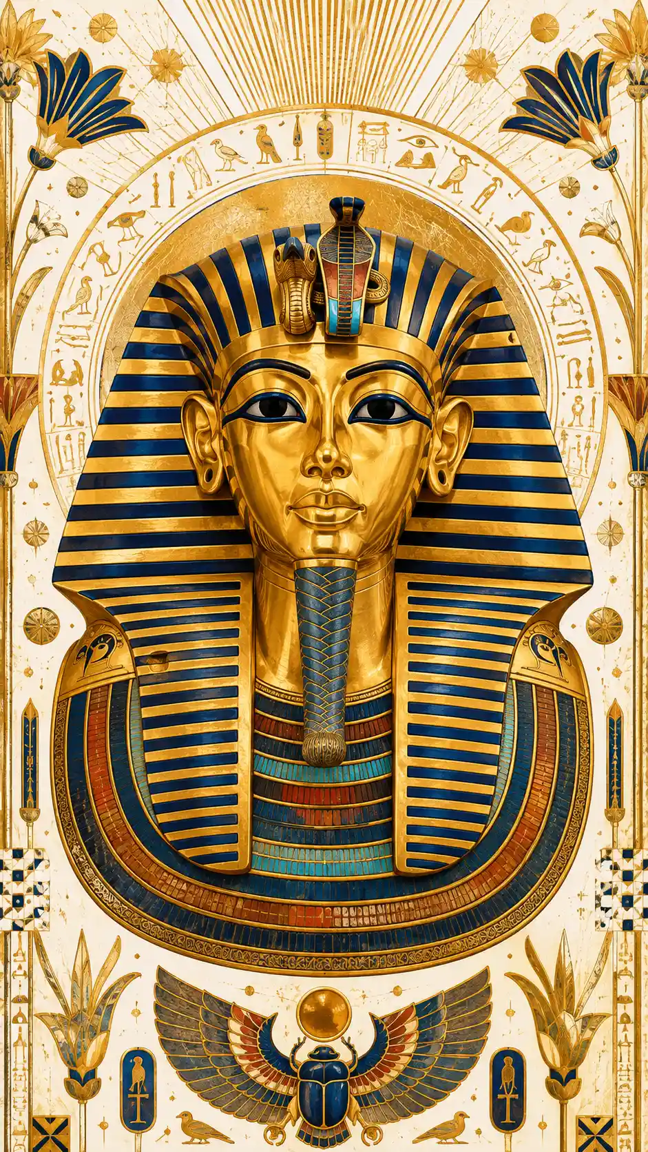 Golden mask of an ancient pharaoh on decorative white background