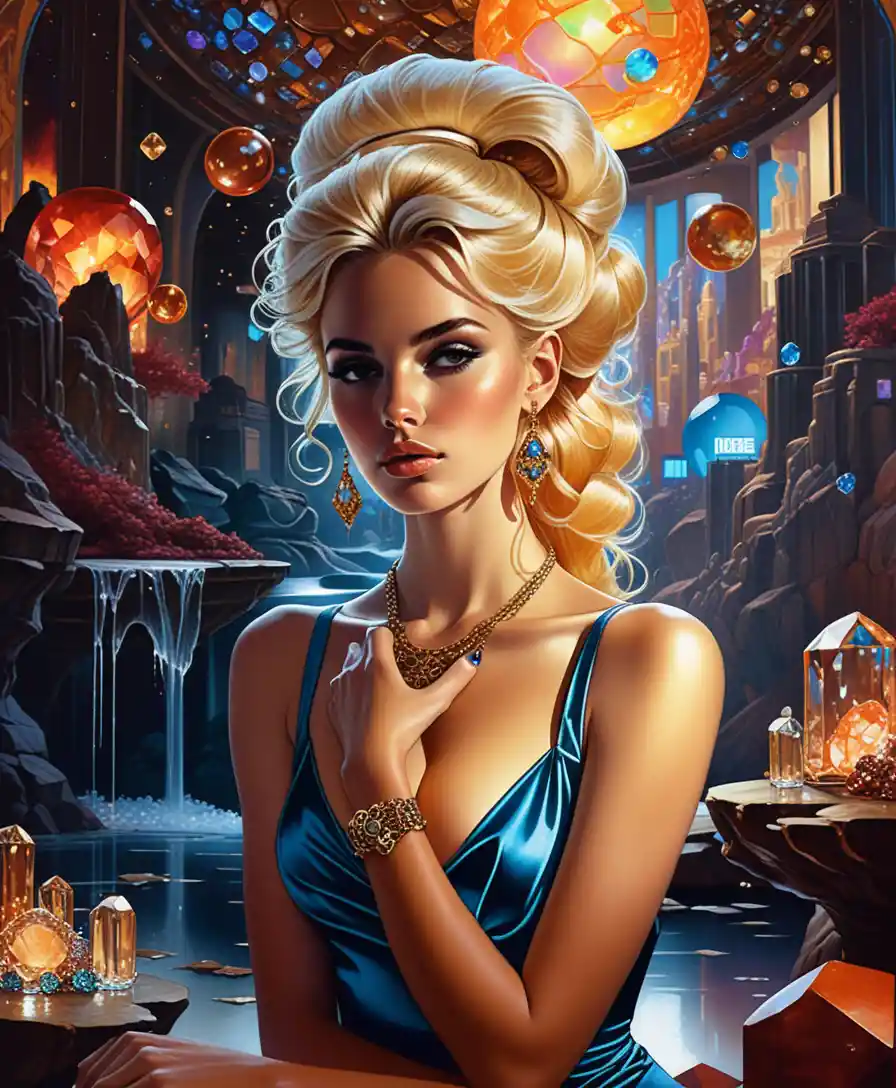 Blonde fantasy woman amid surreal crystal gemstone landscape