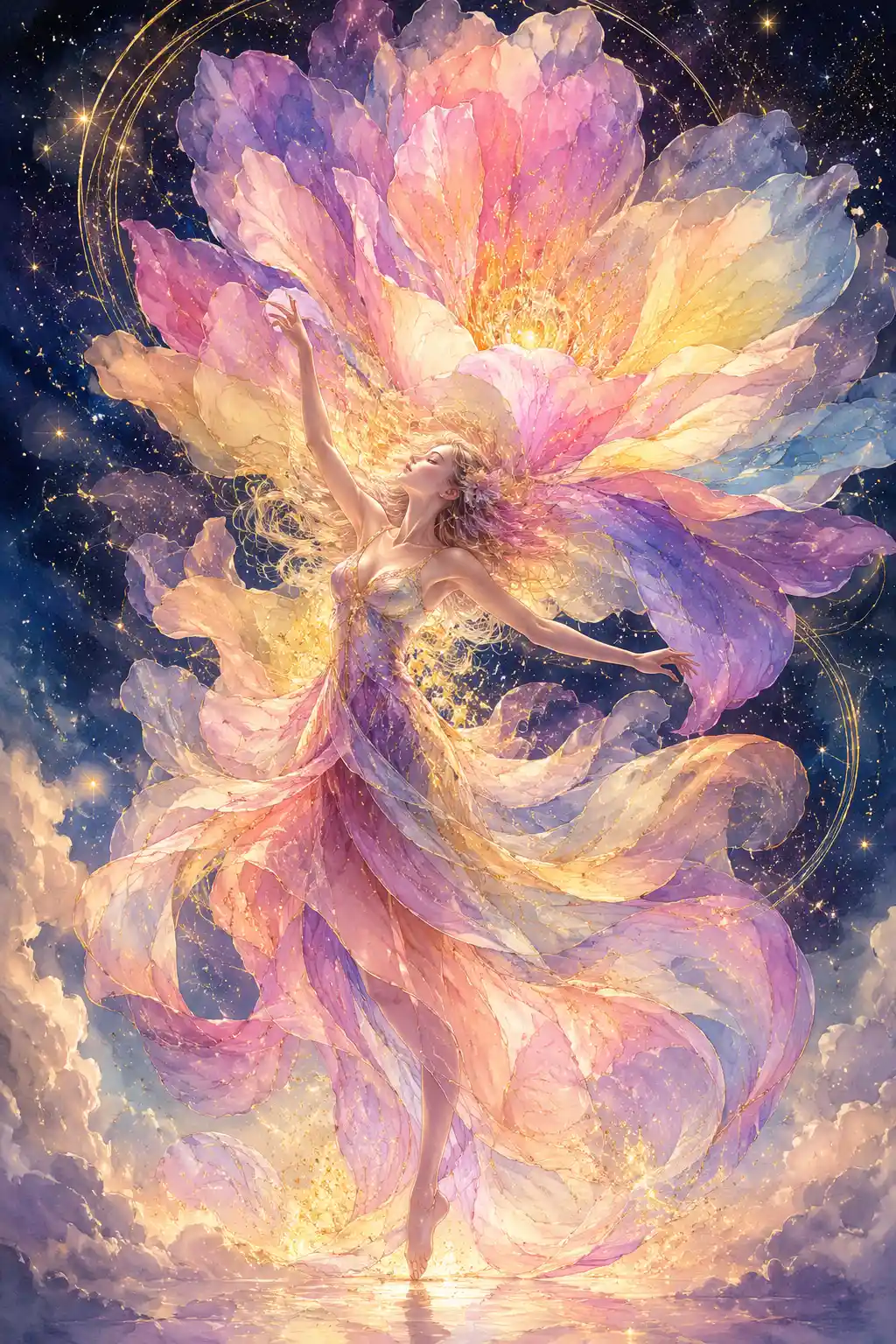 Mystical woman dancing beneath a glowing starry night sky