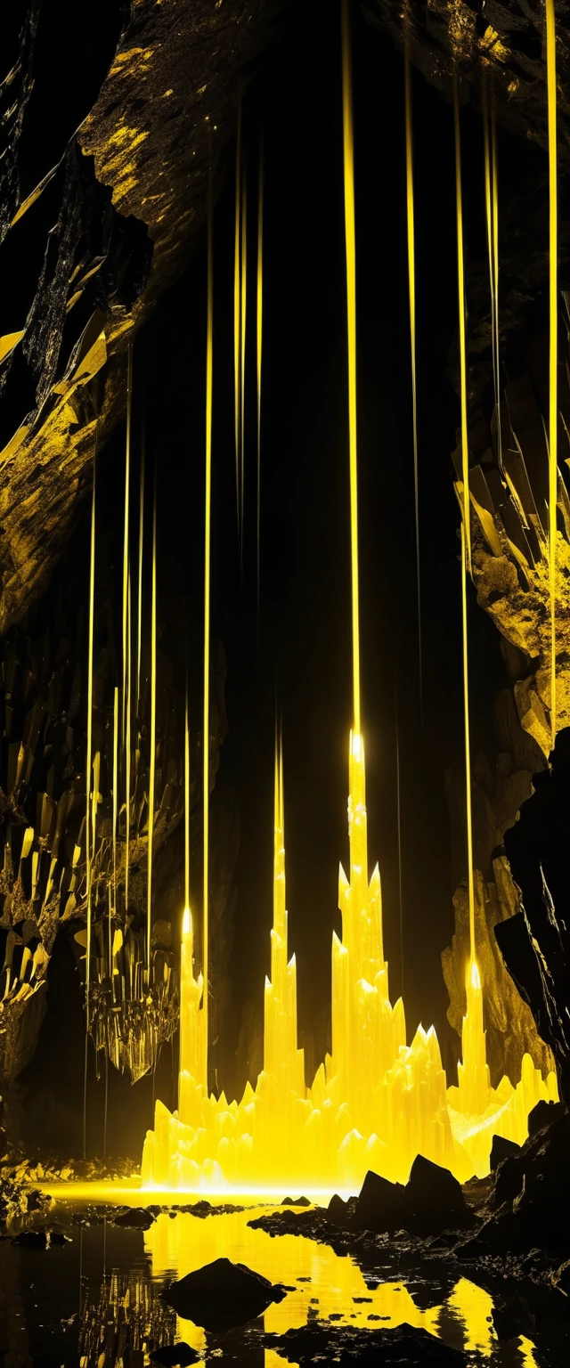 Long exposure view of black crystal pillars in sci fi cave