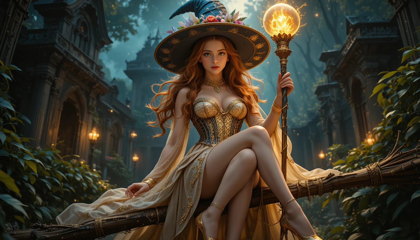 Enchanting witch on broom in a glowing forest