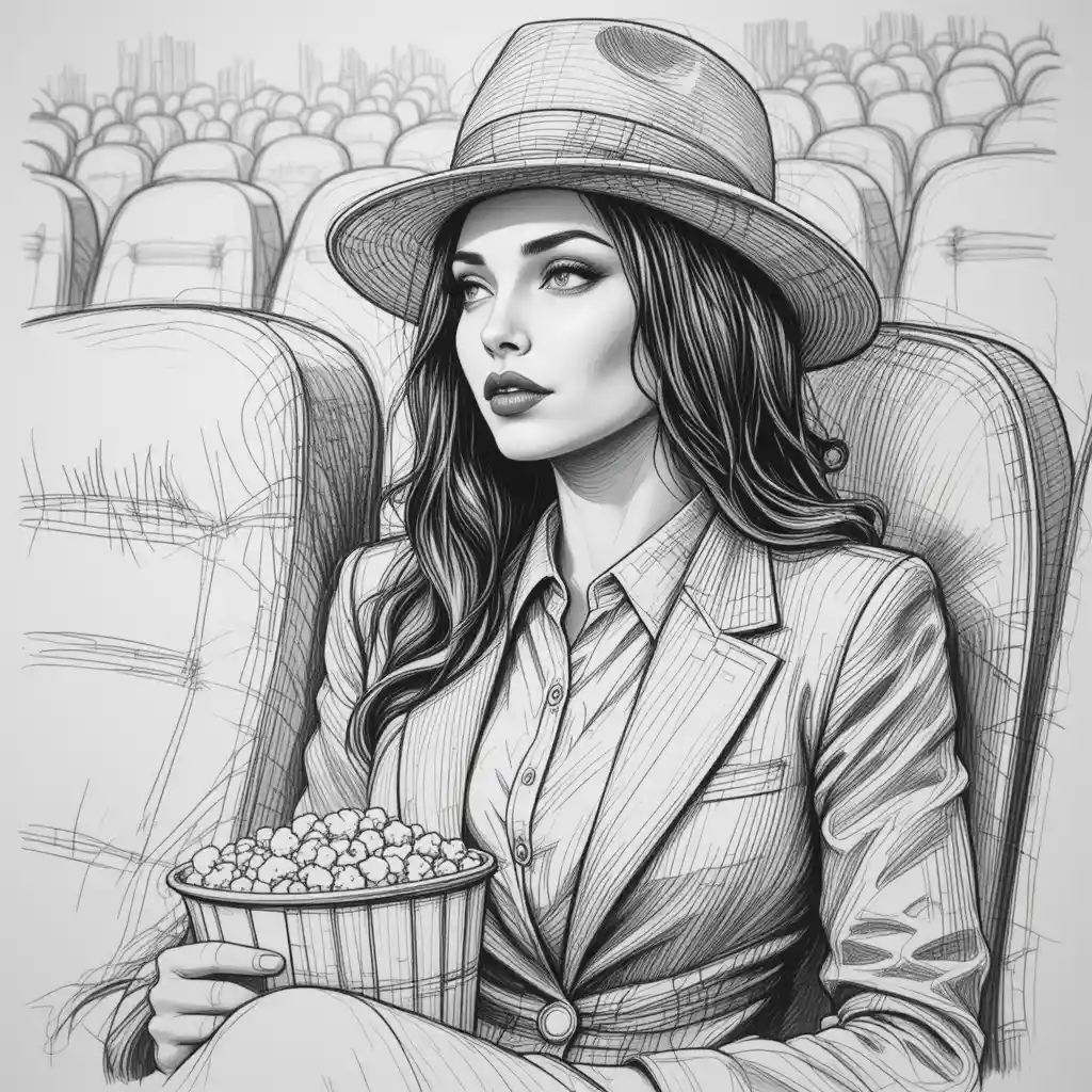 Donna pensierosa in tailleur con popcorn in uno sketch di cinema