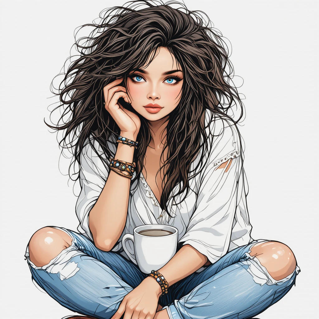 Boho woman with coffee mug in relaxed seated pose