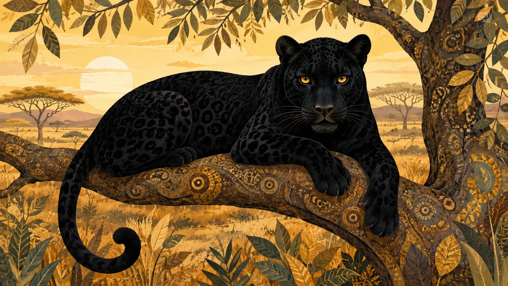 Black panther resting on a tree branch in African savanna