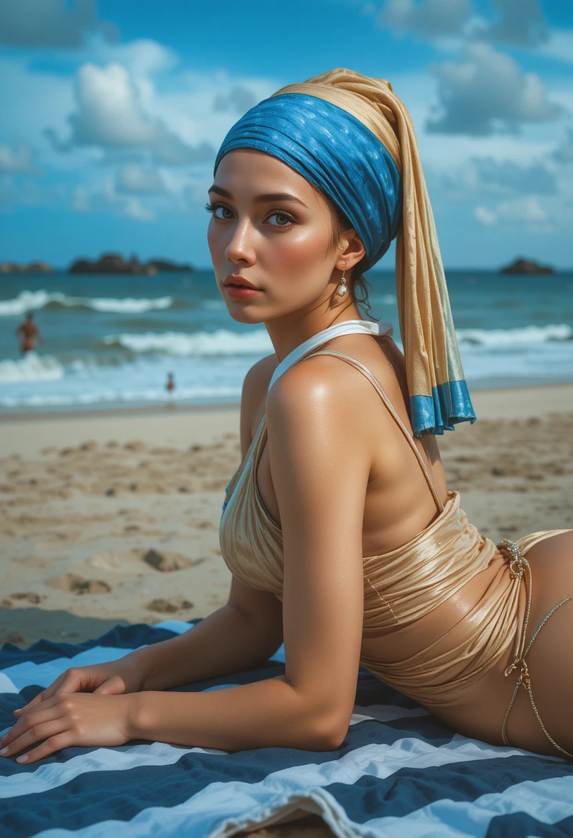 Woman in beige monokini resting on a beach towel