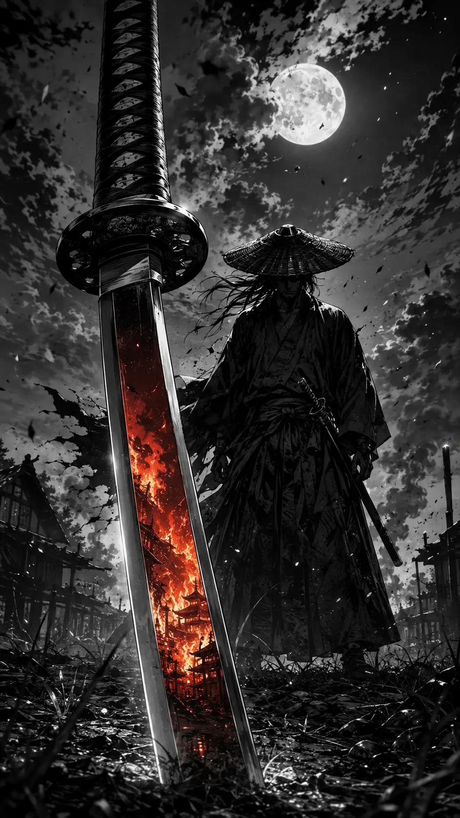 Lone samurai at night with katana reflecting burning village