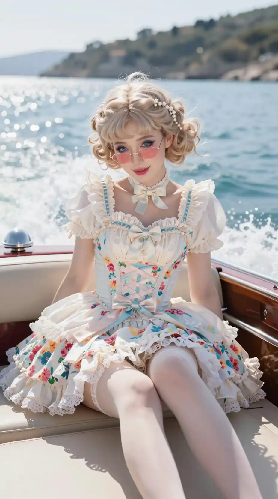 Delicate woman in lolita corset on classic powerboat
