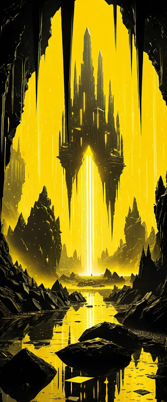 Rainy sci fi cave with glowing crystal pillars