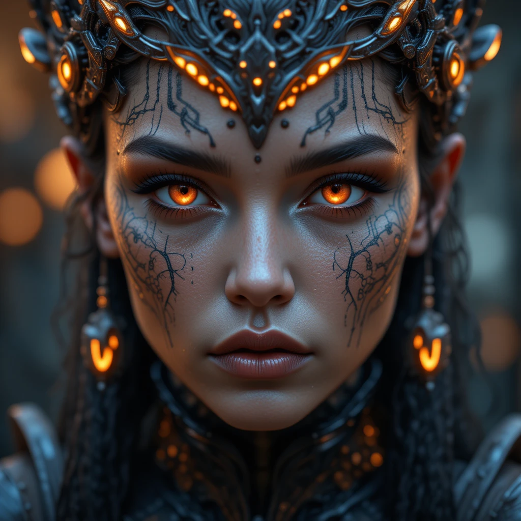 Cinematic close up of queen with glowing red eyes