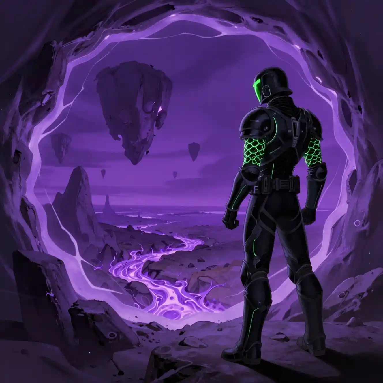 Armored man enters purple portal into chaotic world