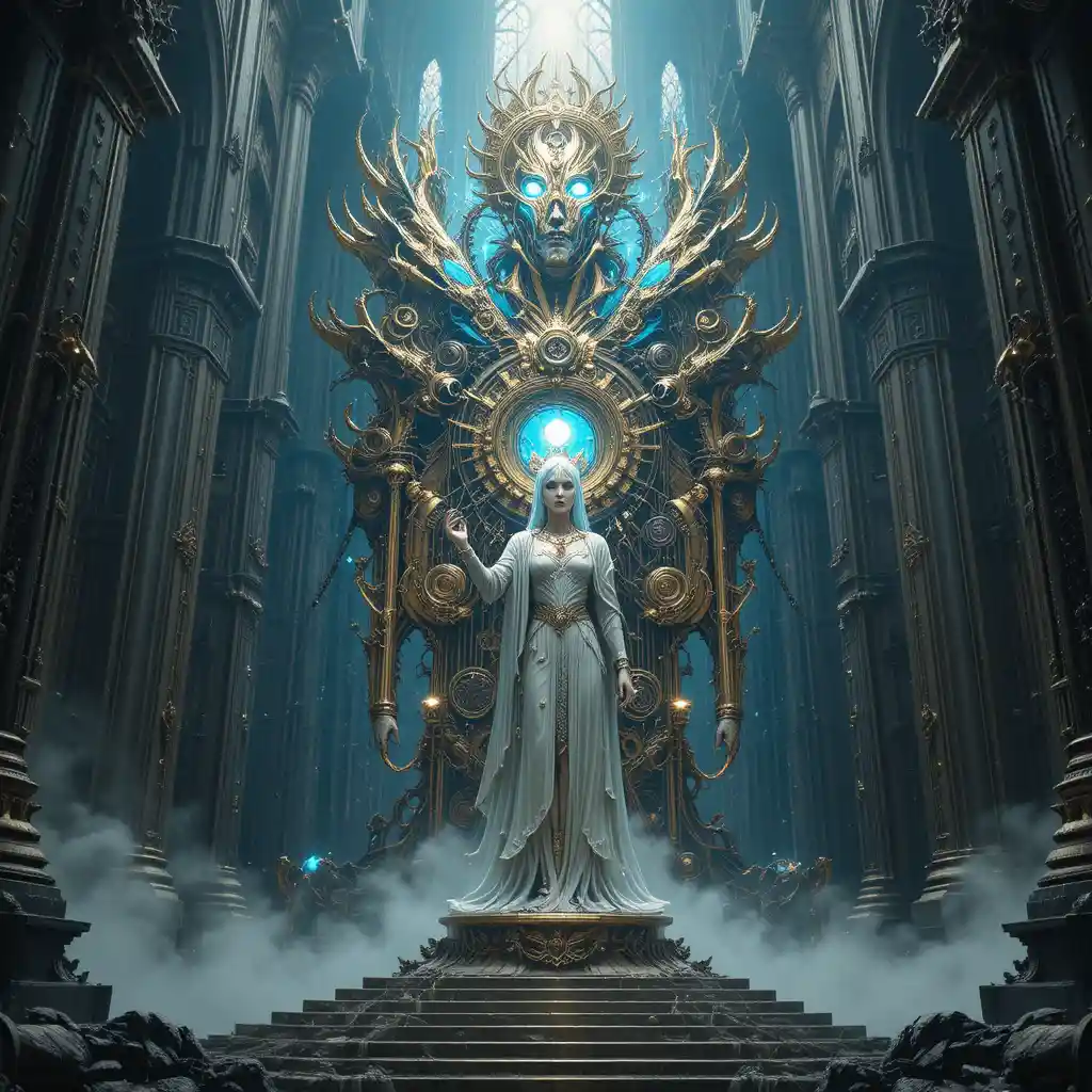 Mythic mechanical deity in a sacred techno gothic cathedral