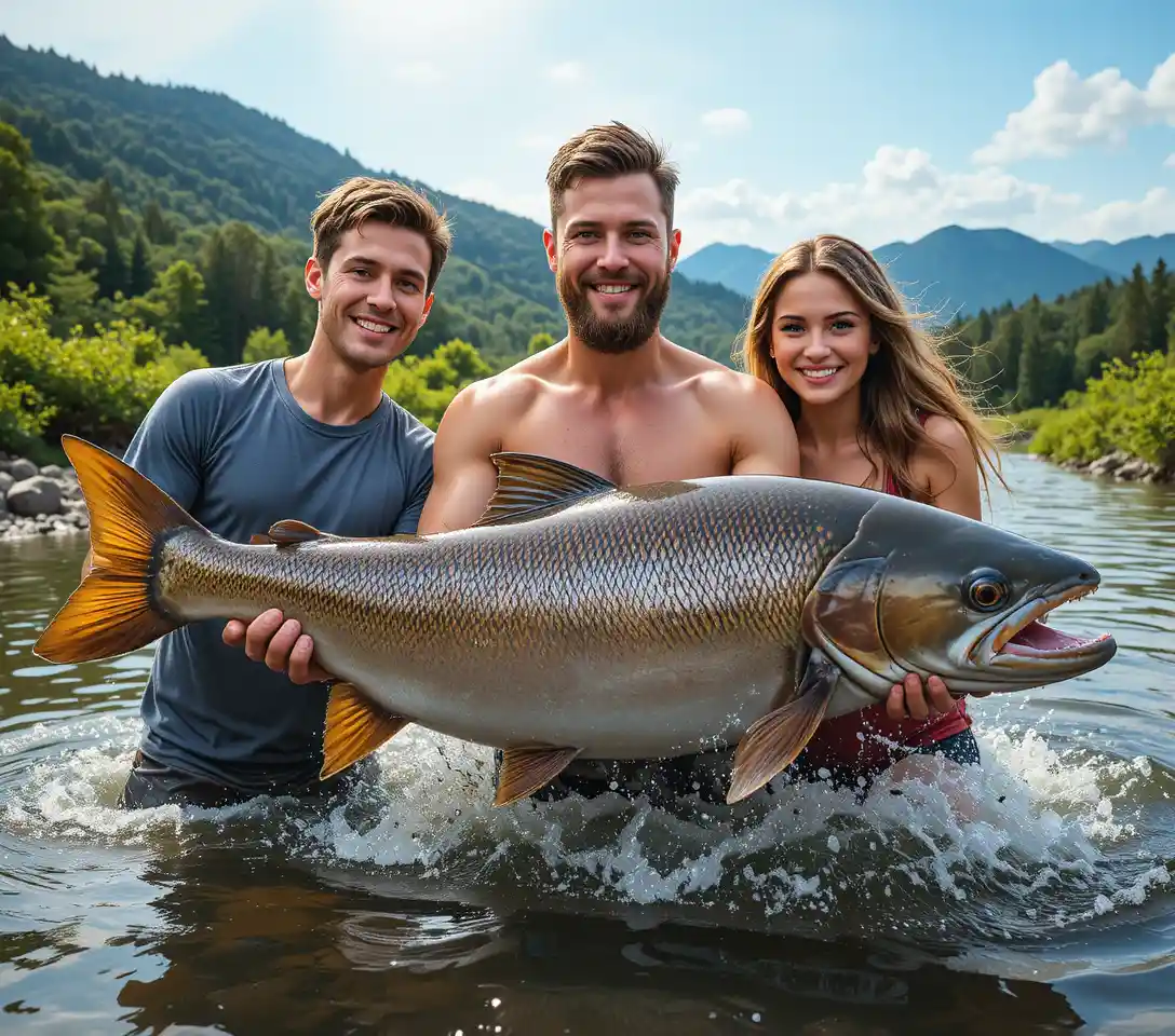 Friends holding a giant fish in a sunny river