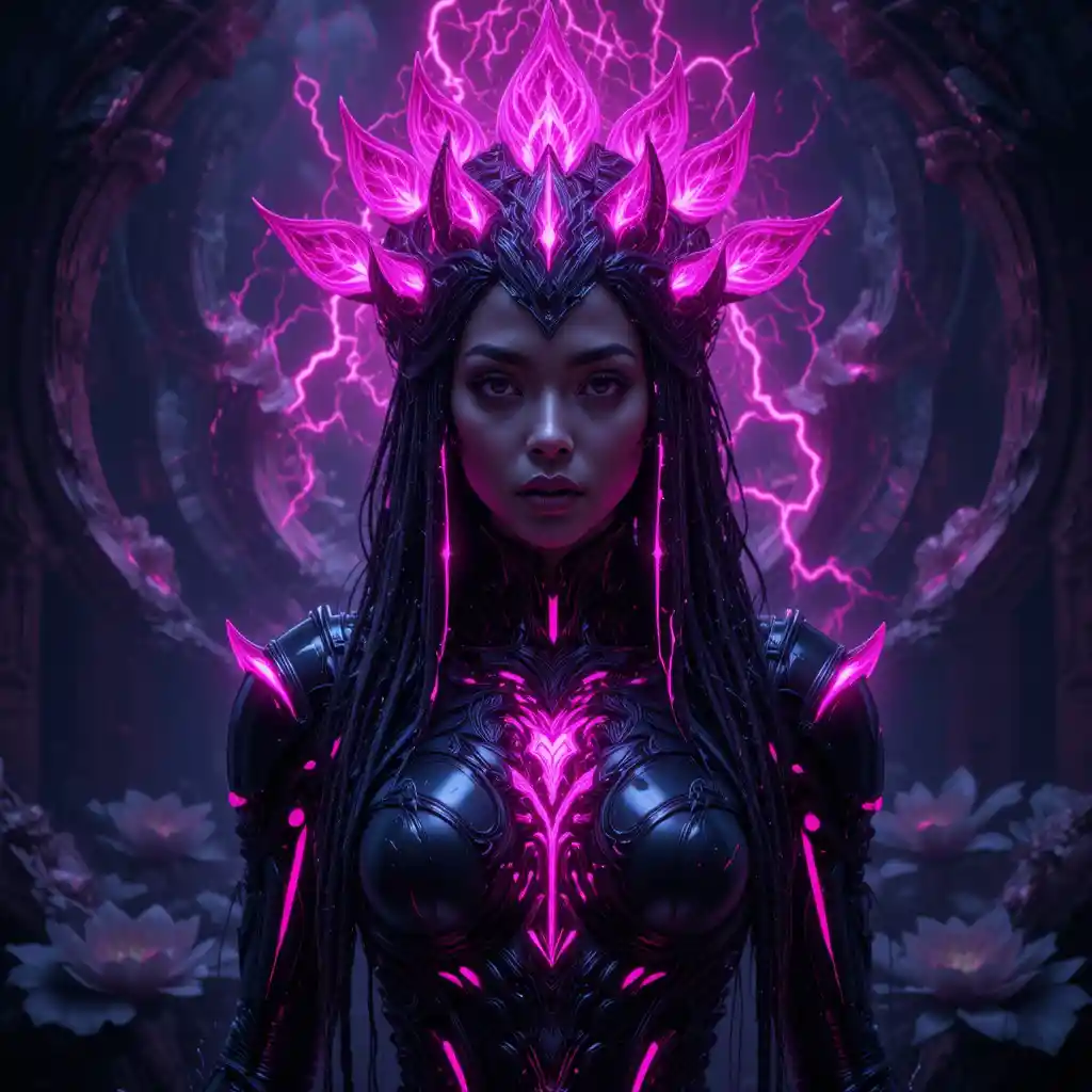 Dark biomechanical princess in neon magenta abyss
