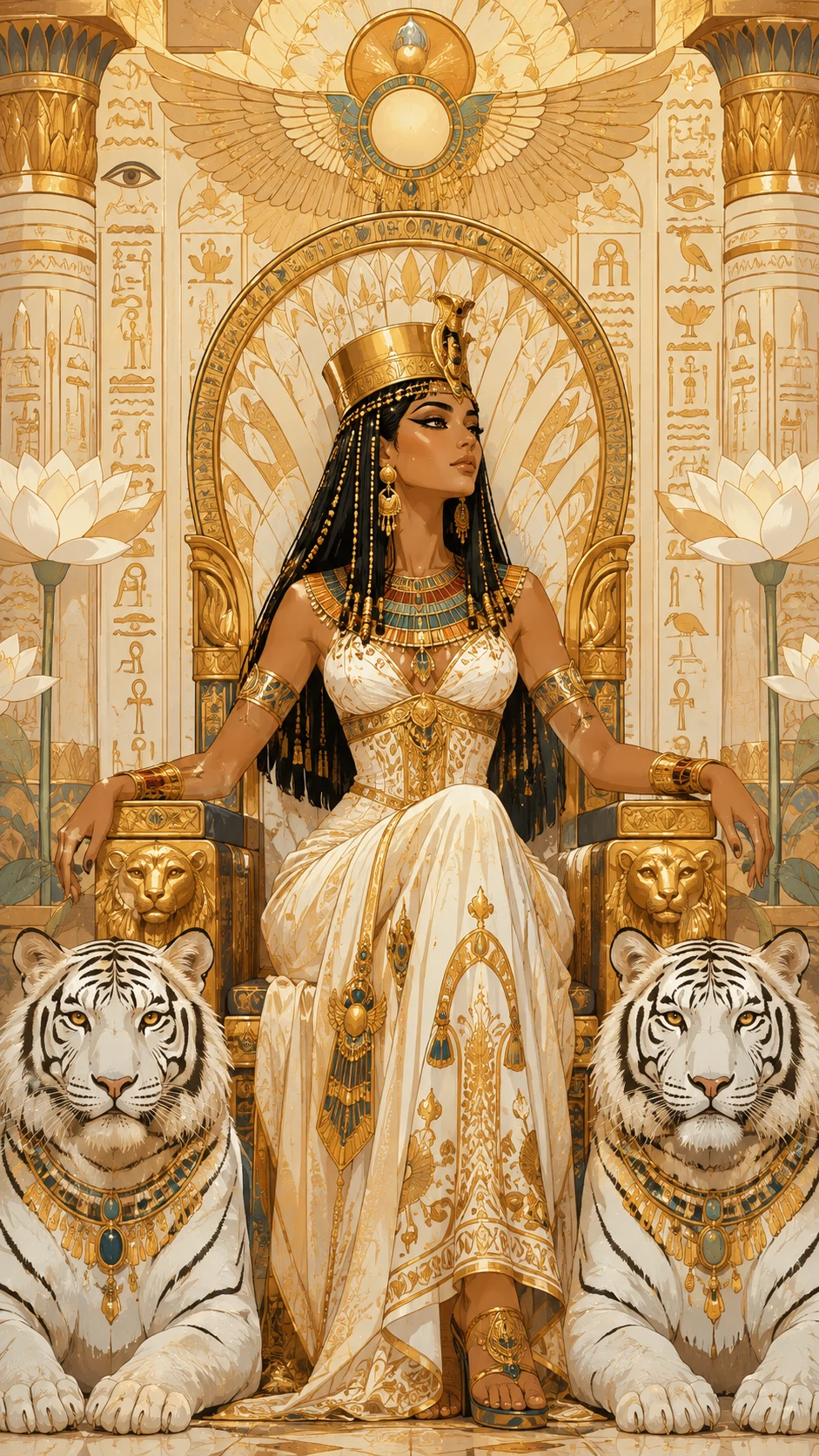 Egyptian queen on a golden throne with white tigers
