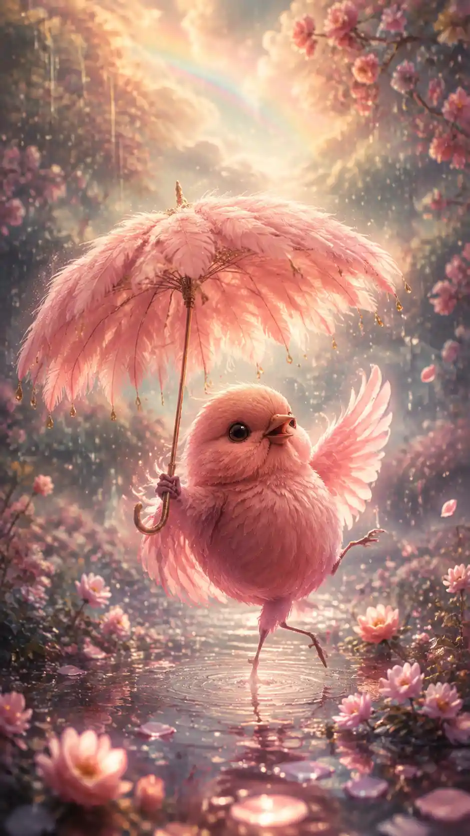 Pink fluffy bird dancing gently under a feather umbrella