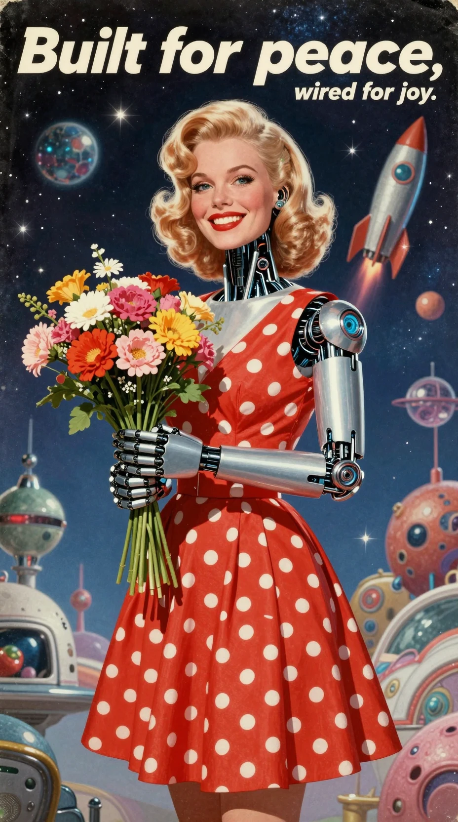 Retro futuristic woman with robotic limbs in starlit space