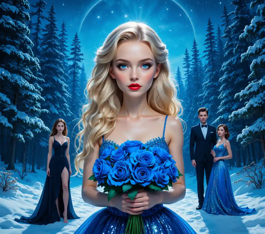 Ethereal blonde woman in a snowy fantasy forest
