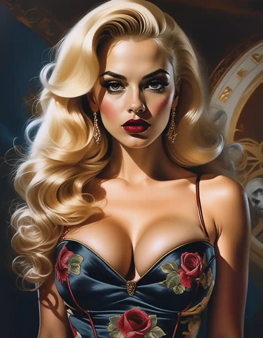 Dark fantasy blonde woman in an opulent red velvet gown