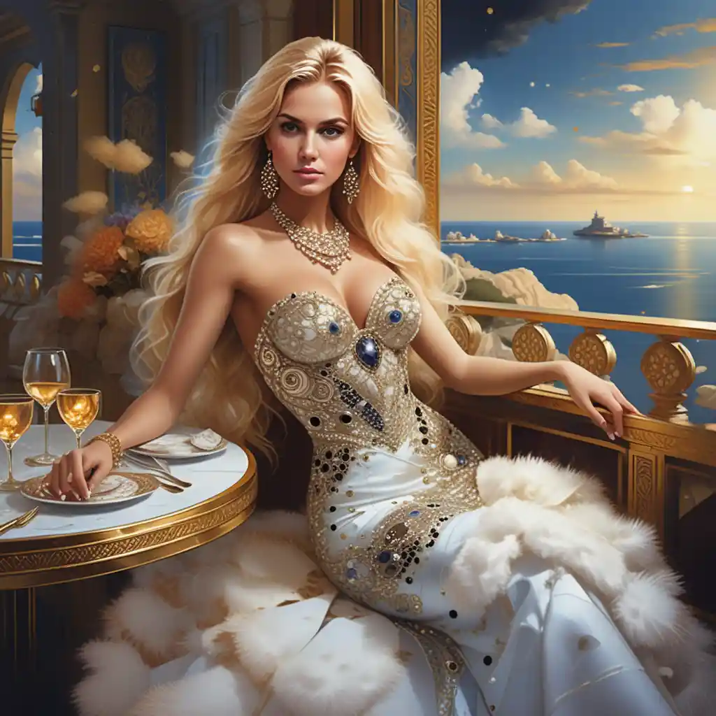 Elegant fantasy woman dining at a coastal restaurant