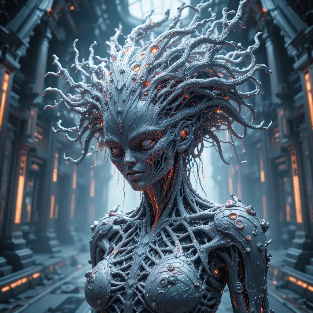 Biomechanical crowned woman in living techno organic armor