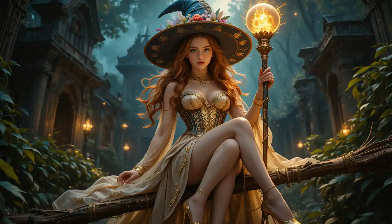 Enchanting witch on broom in a glowing forest