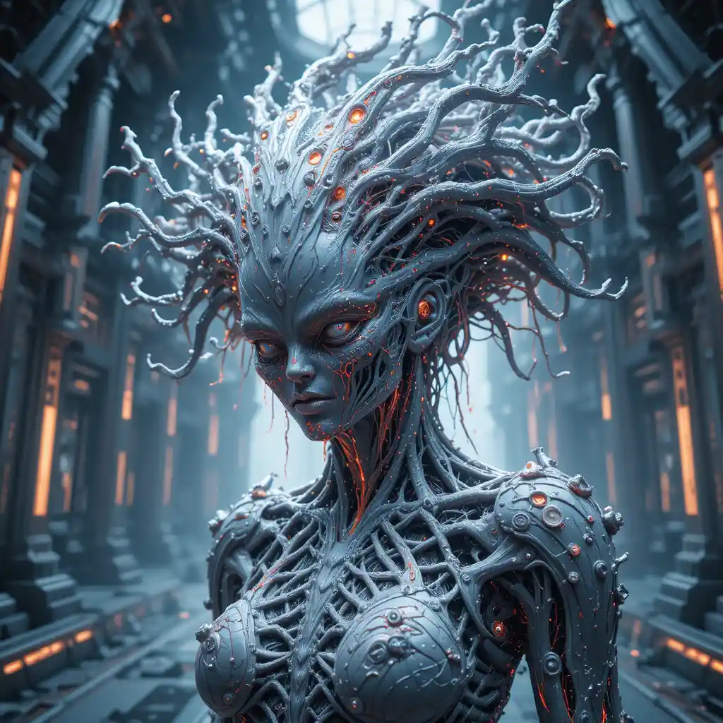 Biomechanical crowned woman in living techno organic armor