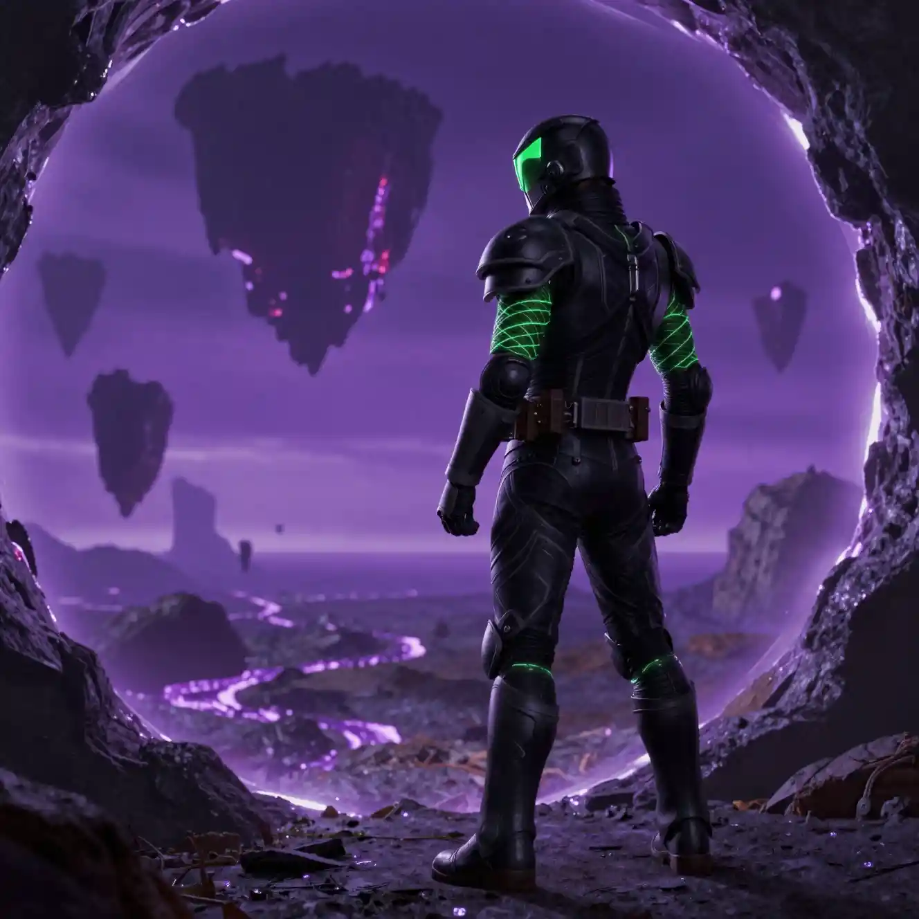 Armored man enters purple portal into chaotic world
