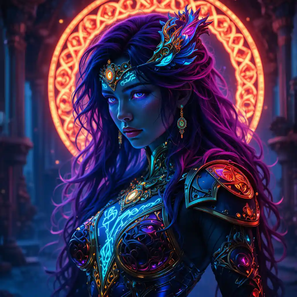 Neon noir manga goddess with glowing celtic knotwork