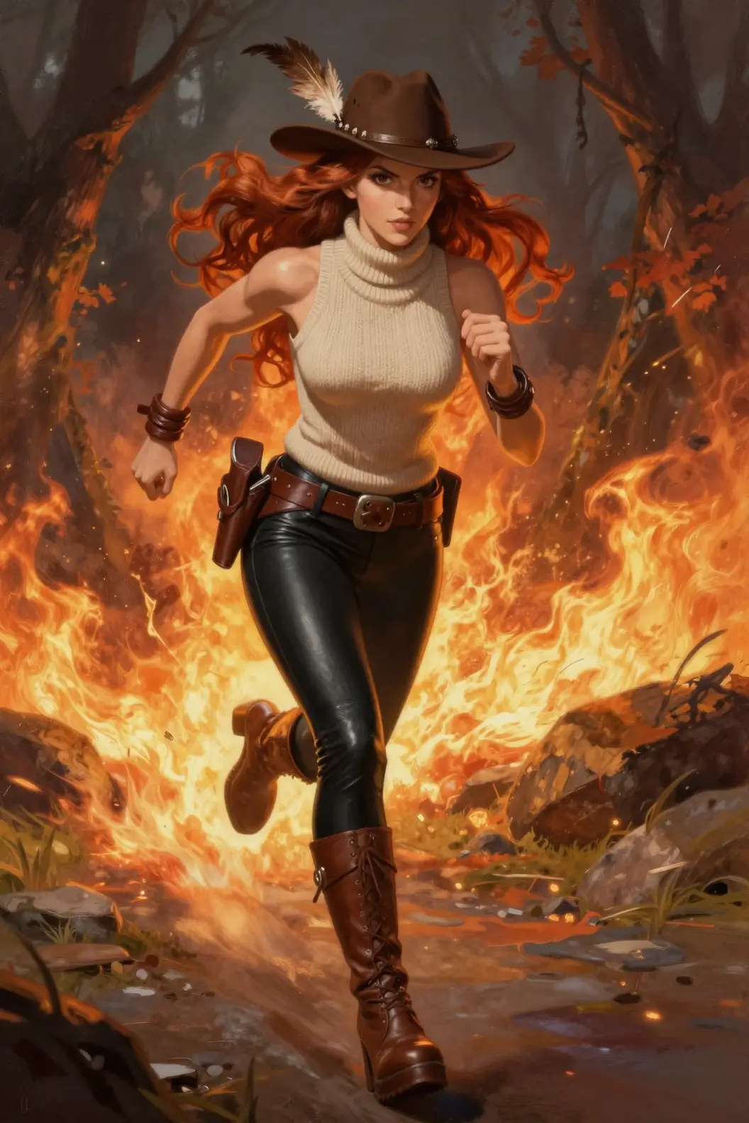 Determined fantasy woman sprinting through burning forest