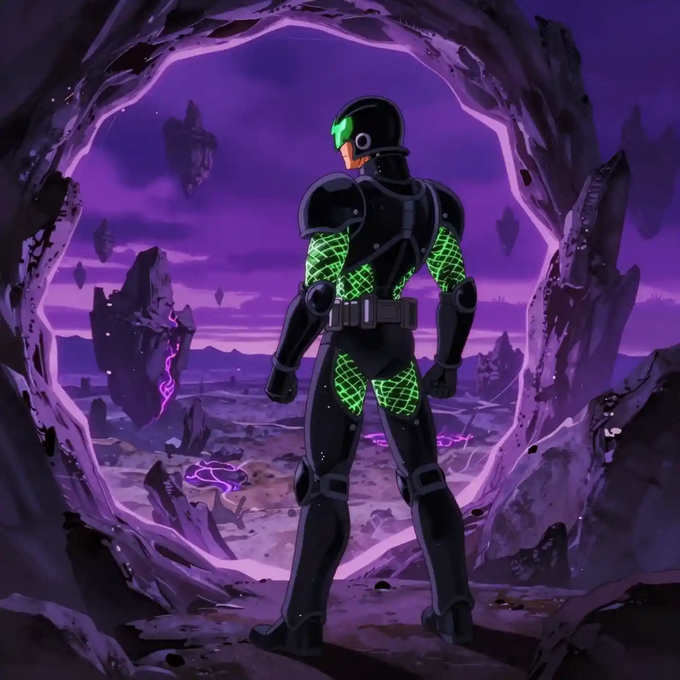 Armored man steps from purple portal into chaotic world