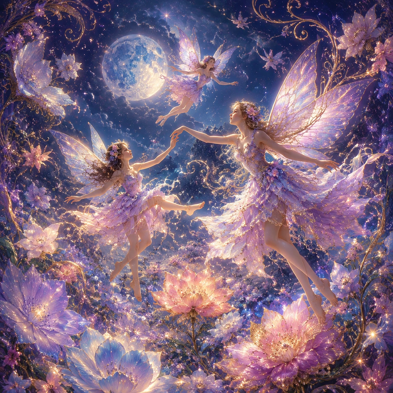 Dancing fairies among glowing pastel flowers in moonlight