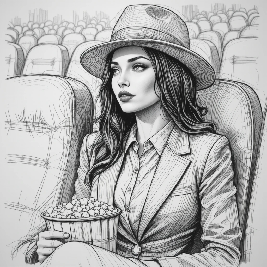 Thoughtful woman in suit with popcorn in theater sketch