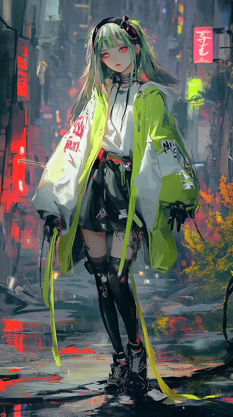 Sad anime girl walking among swords in neon mist
