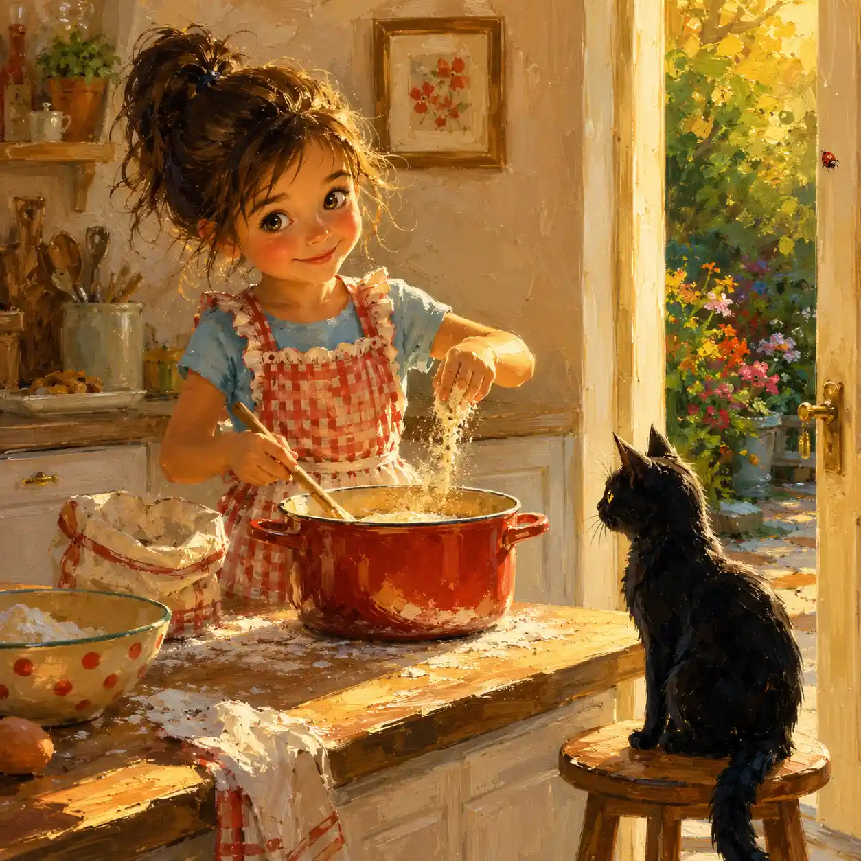 Little girl cooking in a sunny modern kitchen painting
