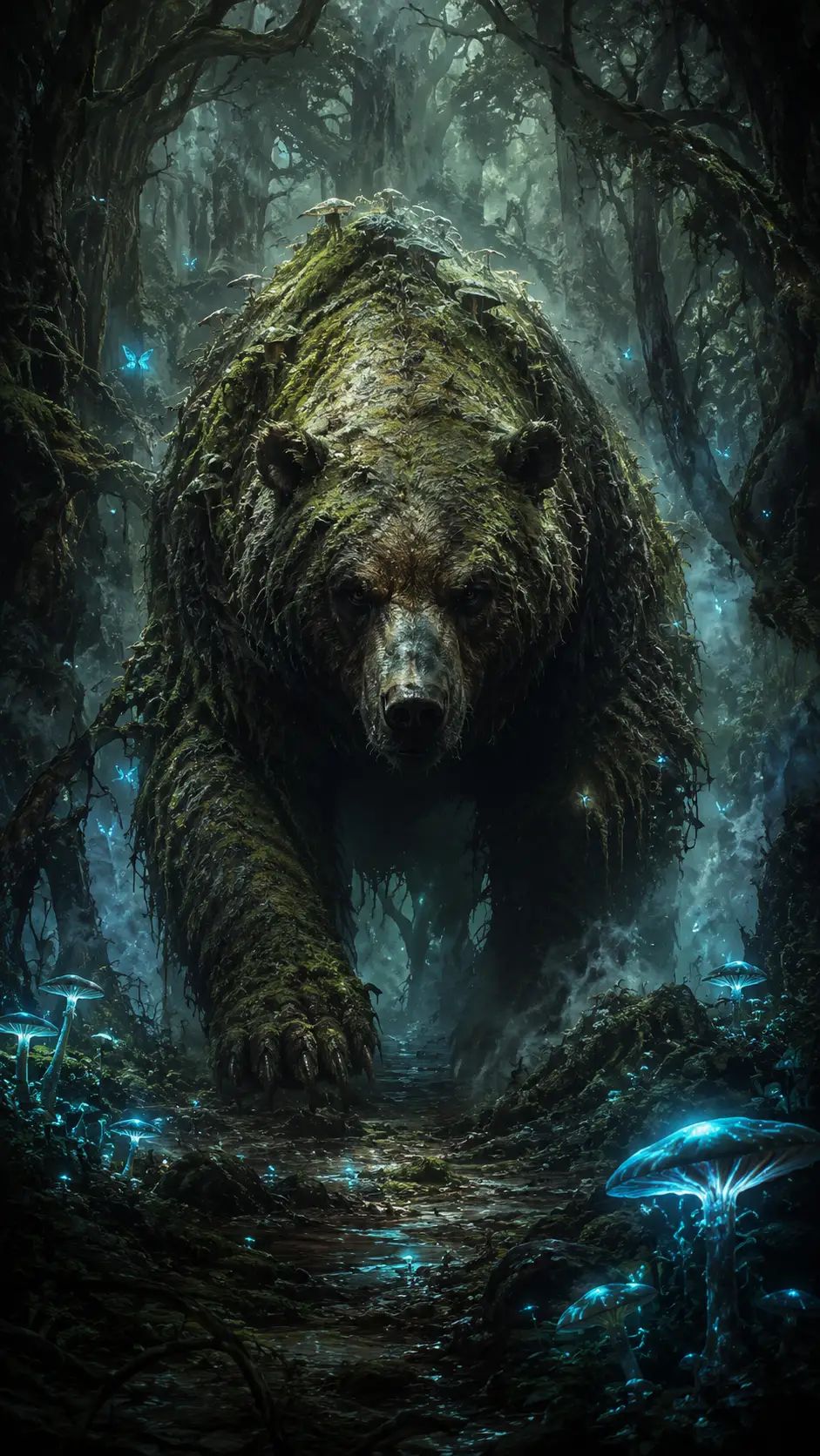 Moss covered bear emerging from an enchanted glowing forest
