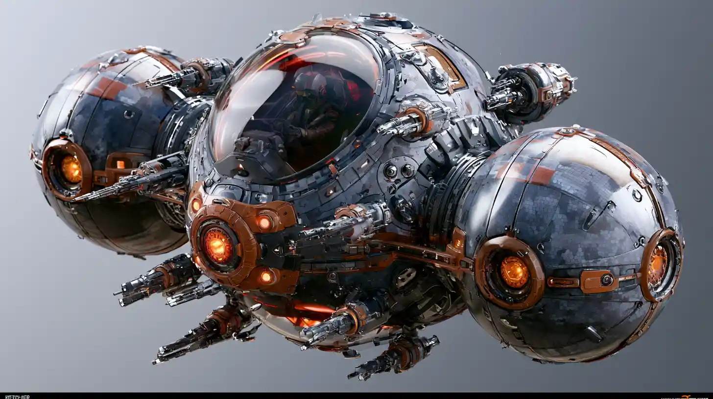 Spherical single seat space fighter with visible pilot