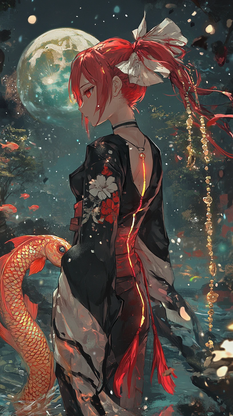Anime girl with koi jacket and braid in outer space