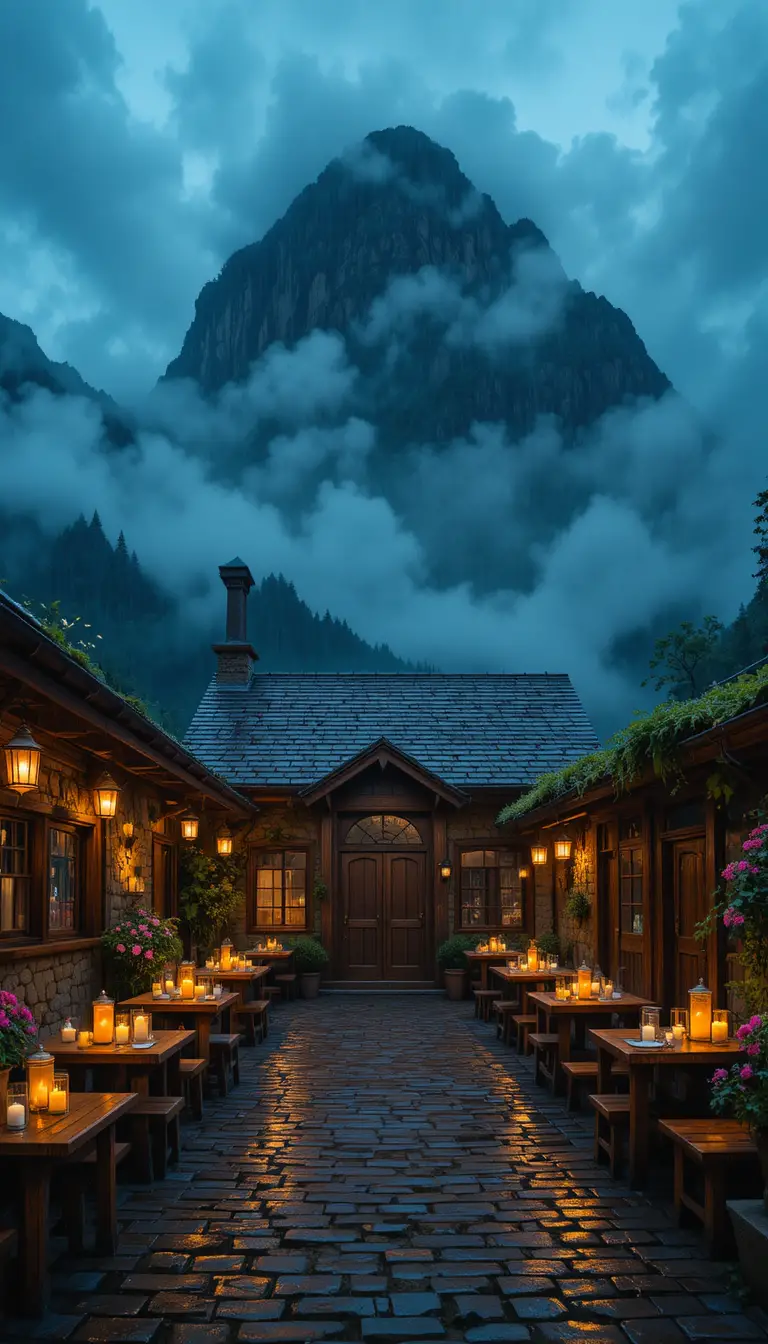 Candlelit mountain cafe courtyard on a rainy misty night