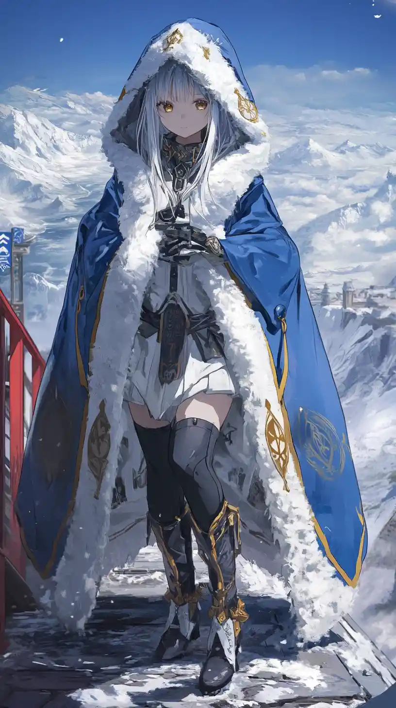 Scarred anime girl in blue coat before ancient stone temple