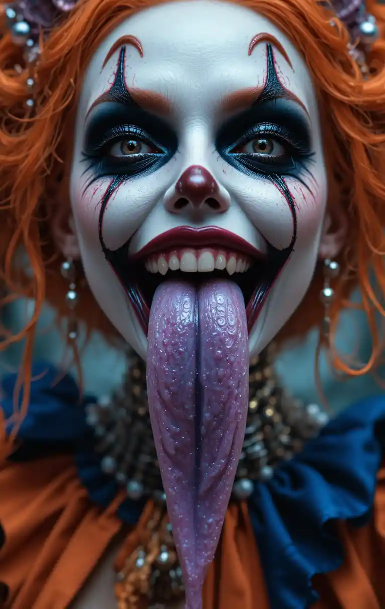 Donna clown cyborg rococò inquietante con occhi metallici