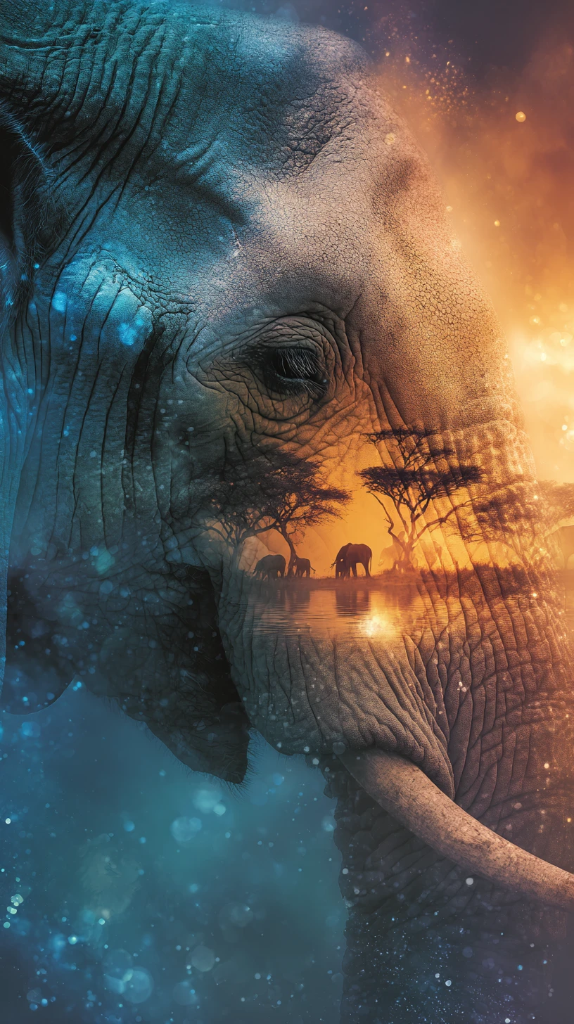 Surreal elephant portrait merging with african sunset landscape
