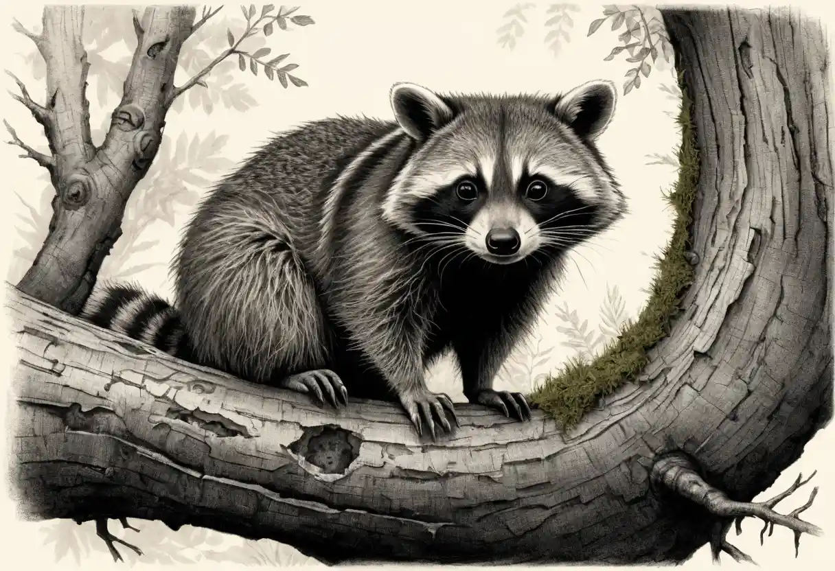 Contemplative Raccoon Inside A Hollow Tree Ink Drawing