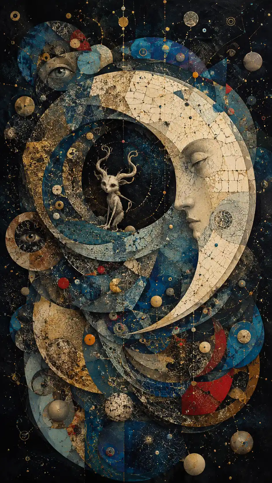 Surreal fractured moon with hidden faces in cosmic space