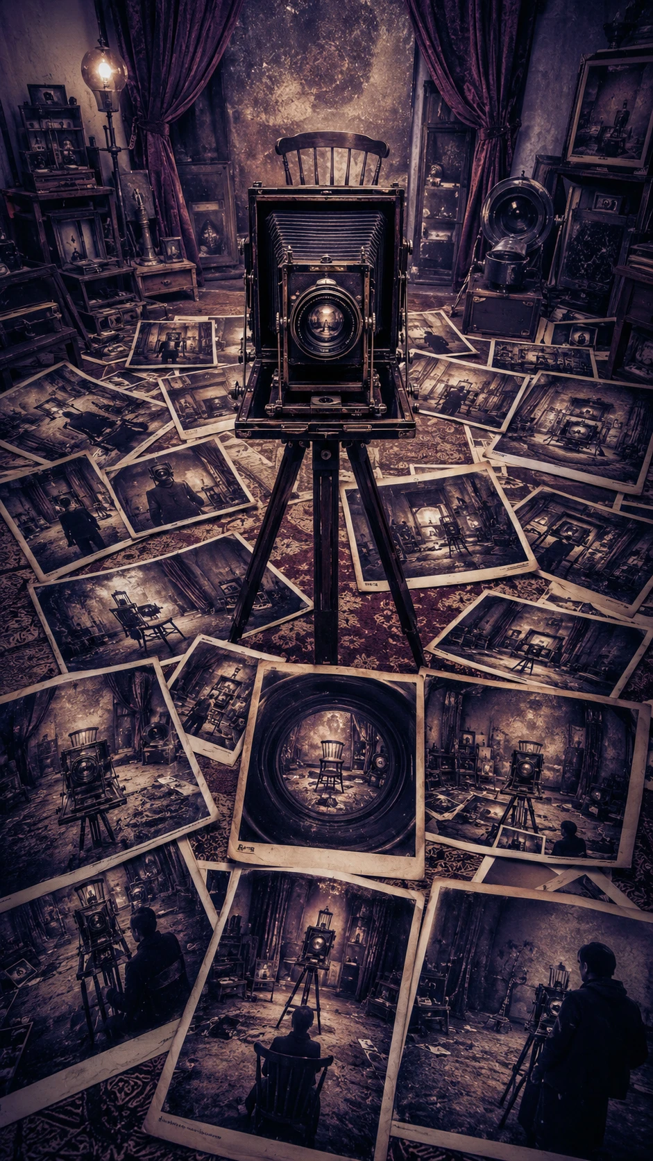 Vintage camera in an empty studio with scattered surreal photos