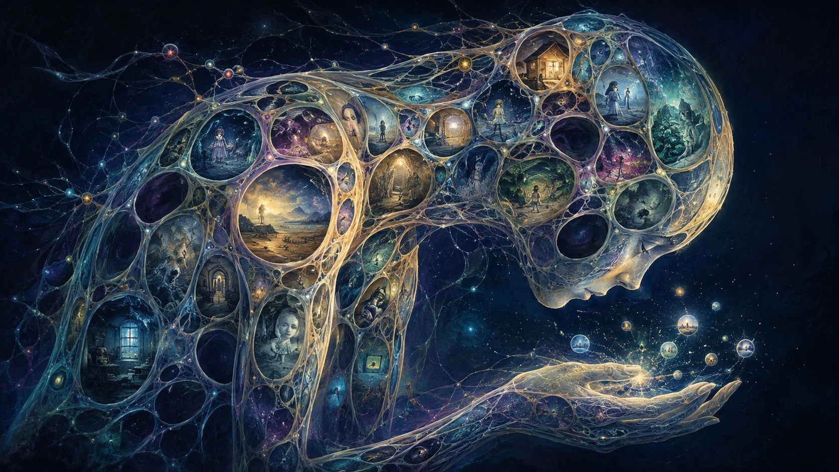 Surreal creature filled with luminous fragmented memory chambers