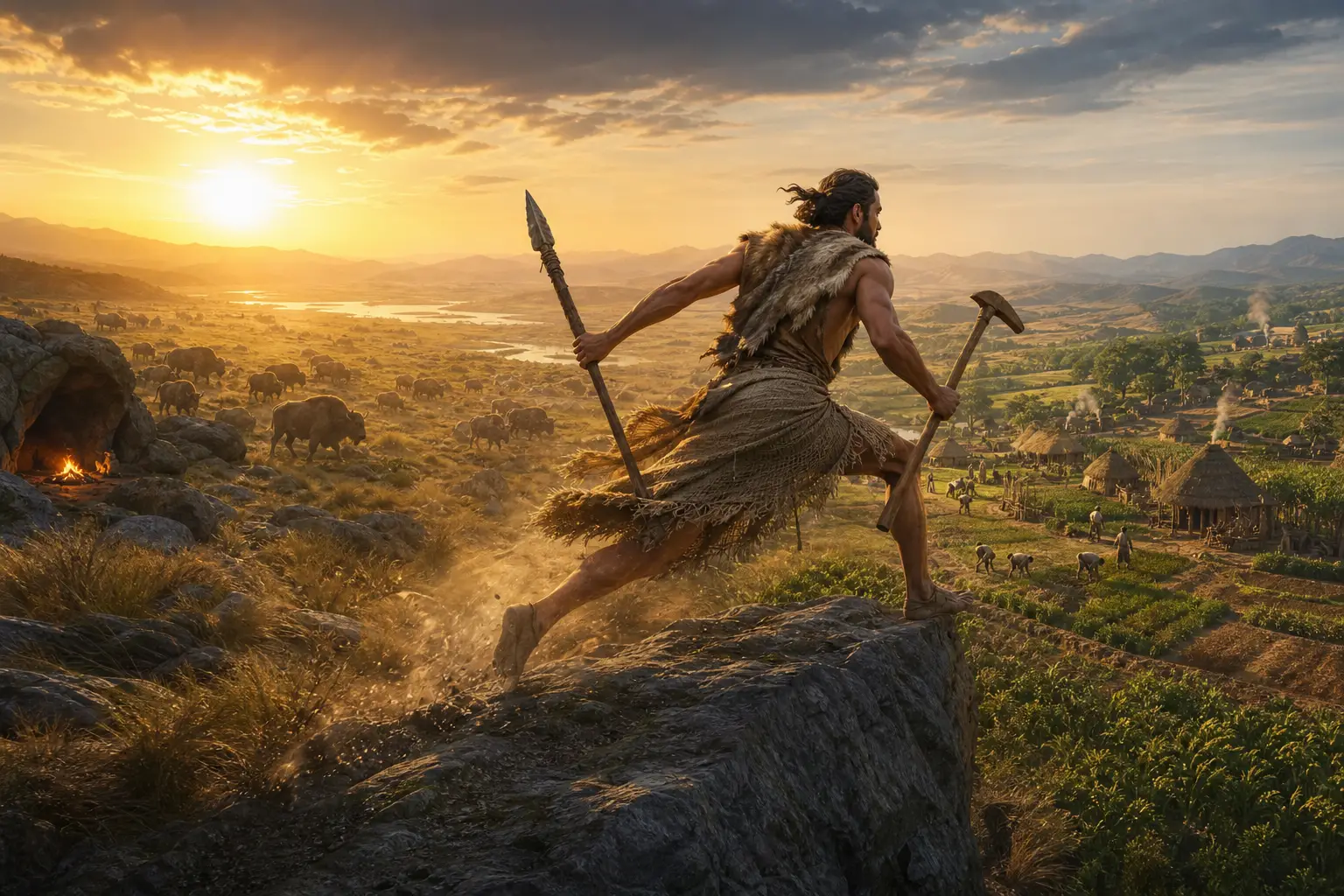 Prehistoric man on sunrise cliff over vast ancient plains